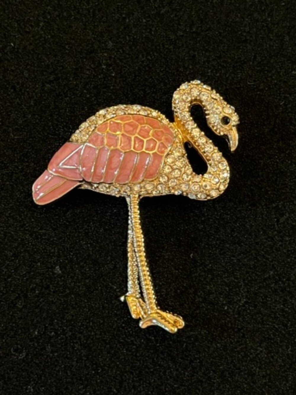 FLAMINGO | Bird Brooch Pin Pink Enameled Wings and Rhinestones - EUC